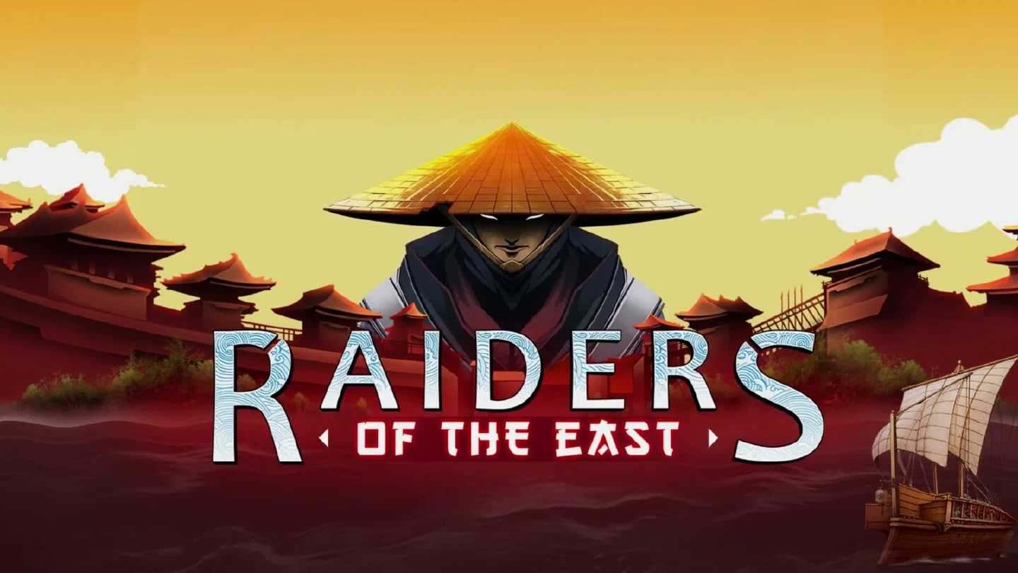 Raiders of the East key art with the red-sailed junk and the game title