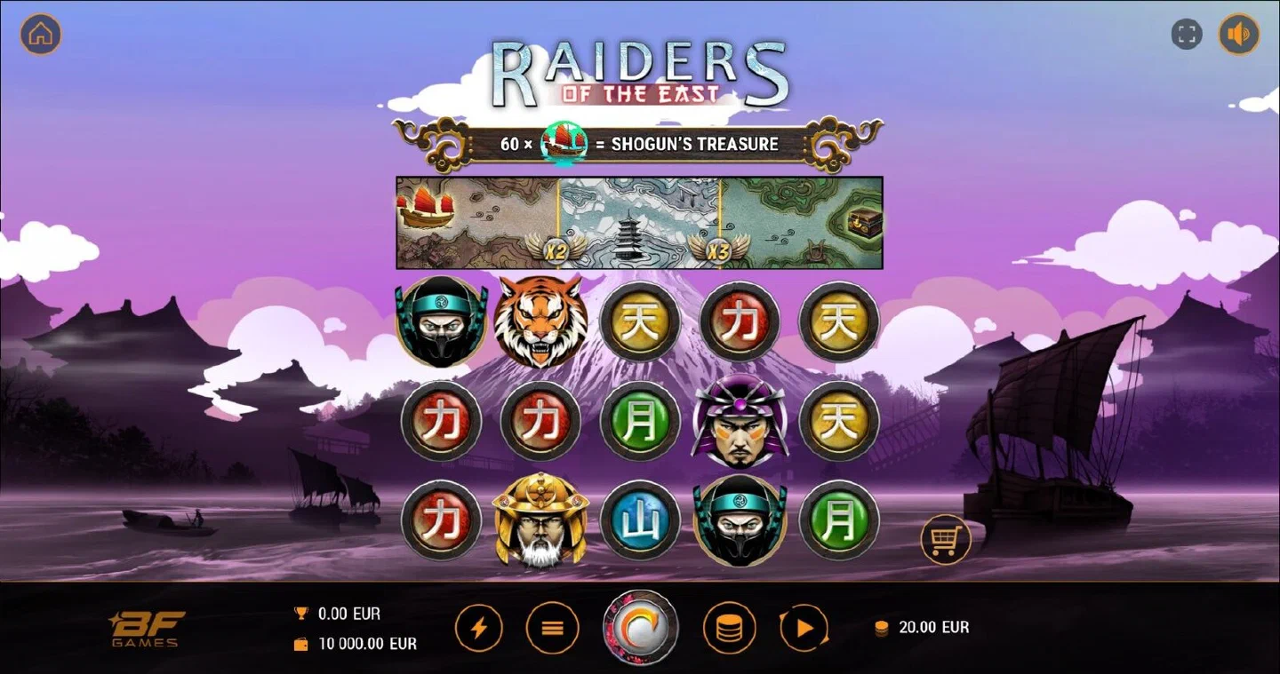 The Raiders of the East base game on five reels and three rows with the shogun, samurai and kanji symbols